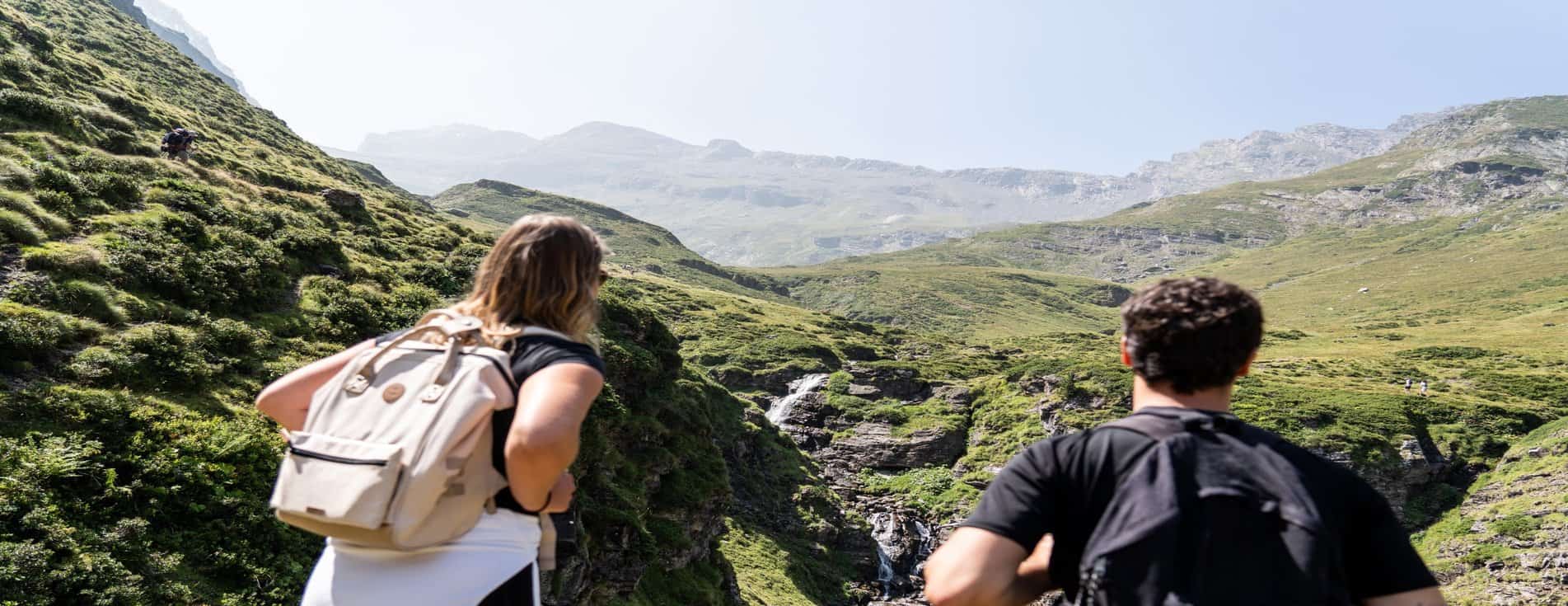 Randonneurs dans les montagnes verdoyantes des Pyrénées françaises